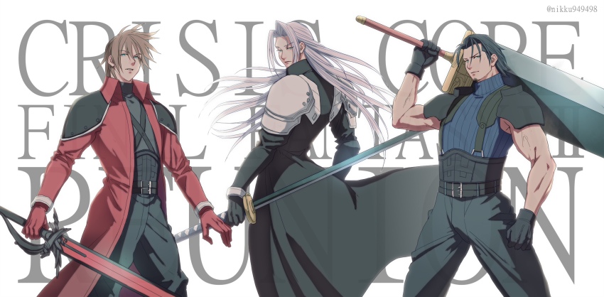 3boys angeal_hewley aqua_eyes armor belt black_gloves black_hair black_jacket black_pants black_shirt blue_shirt brown_hair buster_sword chest_strap cowboy_shot crisis_core_final_fantasy_vii facial_hair final_fantasy final_fantasy_vii genesis_rhapsodos gloves grey_hair hair_between_eyes high_collar highres holding holding_sword holding_weapon jacket long_hair long_jacket looking_at_viewer male_focus masamune_(ff7) medium_hair multiple_belts multiple_boys muscular muscular_male over_shoulder pants parted_bangs parted_lips red_gloves red_jacket sephiroth shirt short_hair shoulder_armor sideburns sleeveless sleeveless_turtleneck square_enix sword t3_(19841230) turtleneck twitter_username weapon weapon_over_shoulder white_background