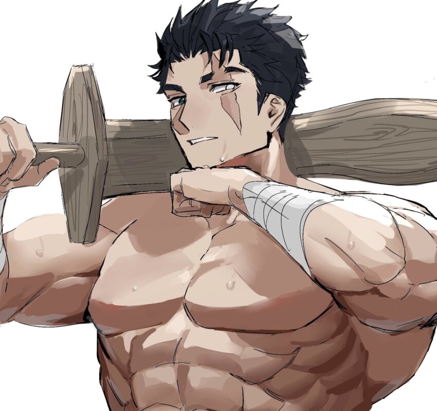003_ssq 1boy abs bara eyebrow_cut highres large_pectorals male_focus muscular muscular_male nude obliques original over_shoulder partially_blind pectorals scar scar_across_eye scar_on_face shredded_muscles sideburns solo sword sword_over_shoulder thick_eyebrows upper_body weapon weapon_over_shoulder wiping_sweat wooden_sword