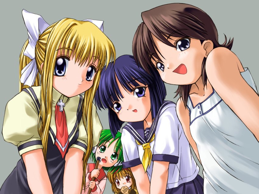 00s 5girls air_(visual_novel) bare_shoulders blonde_hair blue_eyes blue_hair blue_sailor_collar bosshi bow brown_eyes brown_hair crossover food green_eyes green_hair hair_bow hairband highres kamio_misuzu kanon kashiwagi_kaede kizuato long_hair miidera_tsukuyo multi_(to_heart) multiple_girls open_mouth robot_ears sailor_collar short_hair simple_background taiyaki tasogare to_heart to_heart_(series) tsukimiya_ayu wagashi