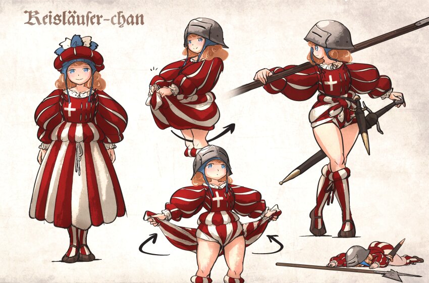 1girl absurdres armor blonde_hair blue_eyes cross dagger dress face_down halberd hat helmet highres holding holding_weapon ironlily knife lifting_own_clothes long_sleeves long_sword mercenary original polearm puffy_long_sleeves puffy_sleeves reislaeufer_(ironlily) sallet sheath sword thighs weapon