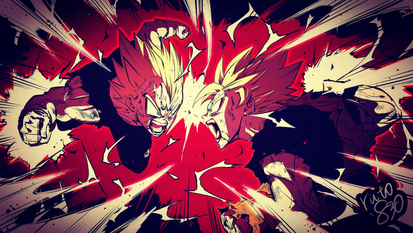 2boys blonde_hair blood dragon_ball dragonball_z electricity facial_mark forehead_mark gloves green_eyes highres majin_vegeta male_focus multiple_boys muscular muscular_male open_mouth ruto830 saiyan_armor son_goku spiked_hair super_saiyan super_saiyan_2 teeth torn_clothes vegeta veins white_gloves