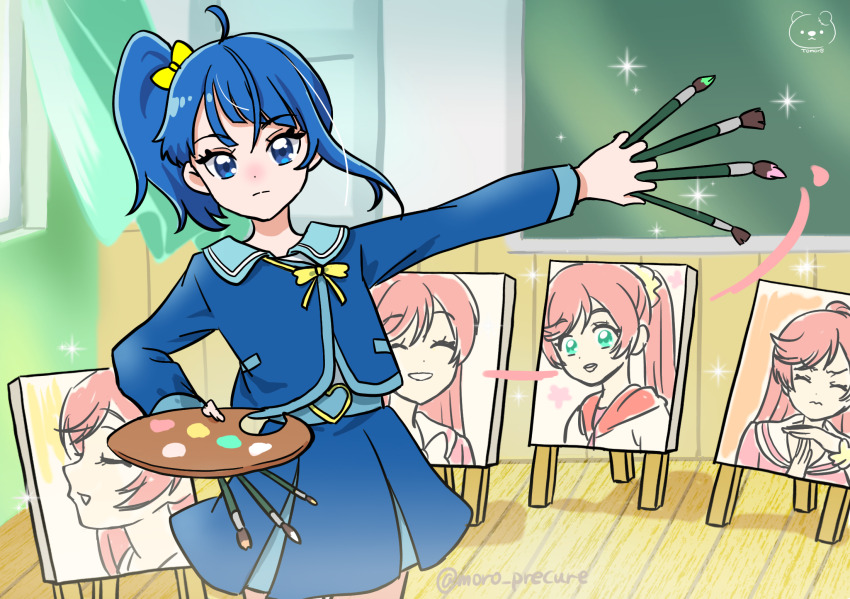 1girl art_brush blue_eyes blue_hair blue_jacket blue_skirt canvas_(object) chalkboard curtains day easel highres hirogaru_sky!_precure holding holding_paint_palette holding_paintbrush holding_paint_palette indoors jacket long_sleeves moro_precure nijigaoka_mashiro paint_palette paintbrush painting_(action) painting_(object) paint_palette precure ribbon school_uniform short_hair side_ponytail skirt smile solo sora_harewataru sorashido_academy_school_uniform window yellow_ribbon
