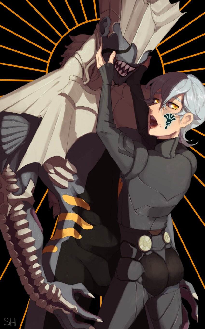 black_background blood blood_on_face bodysuit digital_devil_saga grey_hair hand_on_another&#039;s_cheek hand_on_another&#039;s_face highres light_rays looking_at_viewer megami_tensei open_mouth serph shahaechan sharp_teeth shin_megami_tensei simple_background teeth