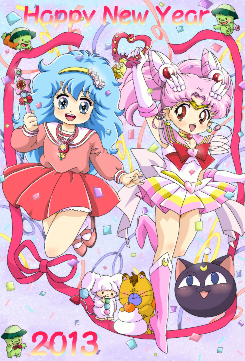 10s 1990s_(style) 2013 2girls arm_up bishoujo_senshi_sailor_moon bishoujo_senshi_sailor_moon_r bishoujo_senshi_sailor_moon_supers blue_eyes blue_hair boots bow brooch chibi_usa cone_hair_bun confetti creature crossover crystal_carillon double_bun dress elbow_gloves full_body gera_gera_(persia) gloves hair_bun hair_ornament hairband hairpin happy_new_year hayami_persia heart heart_brooch highres jewelry jumping knee_boots long_hair luna-p magical_girl mahou_no_yousei_persia meso_meso_(persia) mikiky multicolored_skirt multiple_girls necklace new_year persia persia_(mahou_no_yousei_persia) pink_boots pink_hair puri_puri_(persia) red_dress red_eyes red_skirt retro_artstyle ribbon sailor_chibi_moon sailor_collar simba_(persia) skirt smile super_sailor_chibi_moon twintails wand white_gloves
