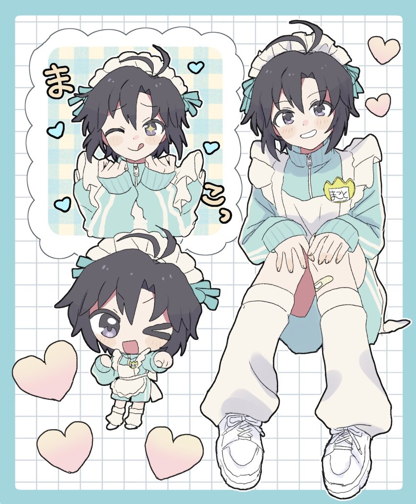 &gt;_o +_+ 1girl alternate_costume antenna_hair black_eyes black_hair heart highres idolmaster idolmaster_(classic) kikuchi_makoto leg_warmers long_sleeves maid_headdress one_eye_closed open_mouth parted_lips pnt_0202 short_hair solo teeth tehepero tongue tongue_out white_leg_warmers