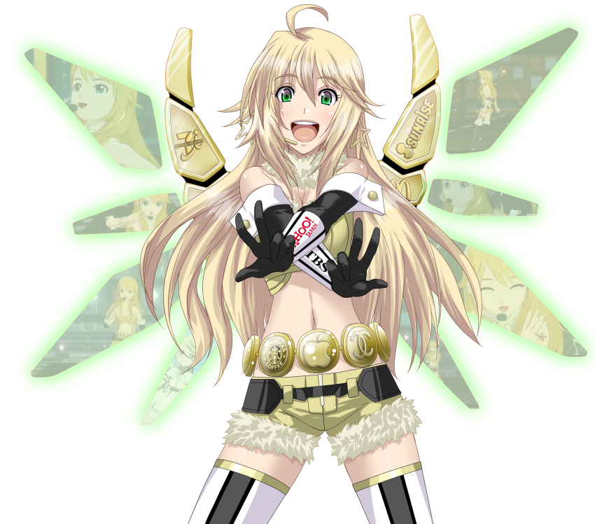 1girl 7-eleven ahoge apple_inc. belt blonde_hair breasts breasts_squeezed_together chanel cleavage crop_top crossed_arms cuff_links detached_collar earrings elbow_gloves fake_wings fur-trimmed_shirt fur-trimmed_shorts fur_collar fur_trim glove_cuffs gloves green_eyes hair_between_eyes headset highres hoshii_miki ichimedoo idol idolmaster idolmaster_xenoglossia jewelry logo long_hair looking_at_viewer mcdonald&#039;s medium_breasts multiple_belts navel shirt short_shorts shorts simple_background smile star_(symbol) star_earrings starbucks strapless strapless_shirt sunrise_(company) tbs thighhighs white_background wings yahoo! yellow_shirt yellow_shorts