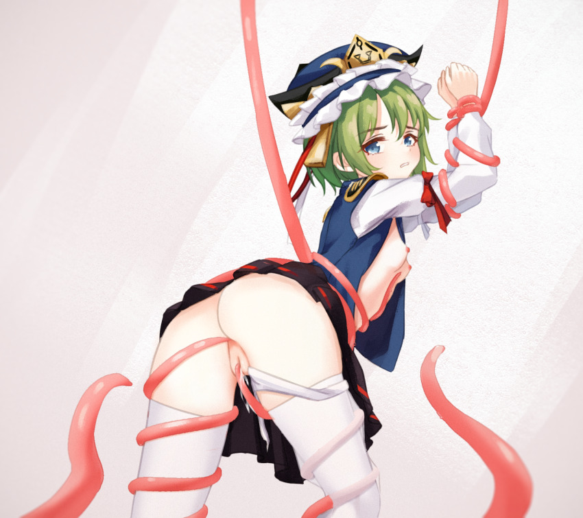 1girl breasts chunjiu dress green_hair hat highres looking_at_viewer nipples pussy pussy_juice shiki_eiki short_hair simple_background sleeve_bow small_breasts tentacle_sex tentacles touhou