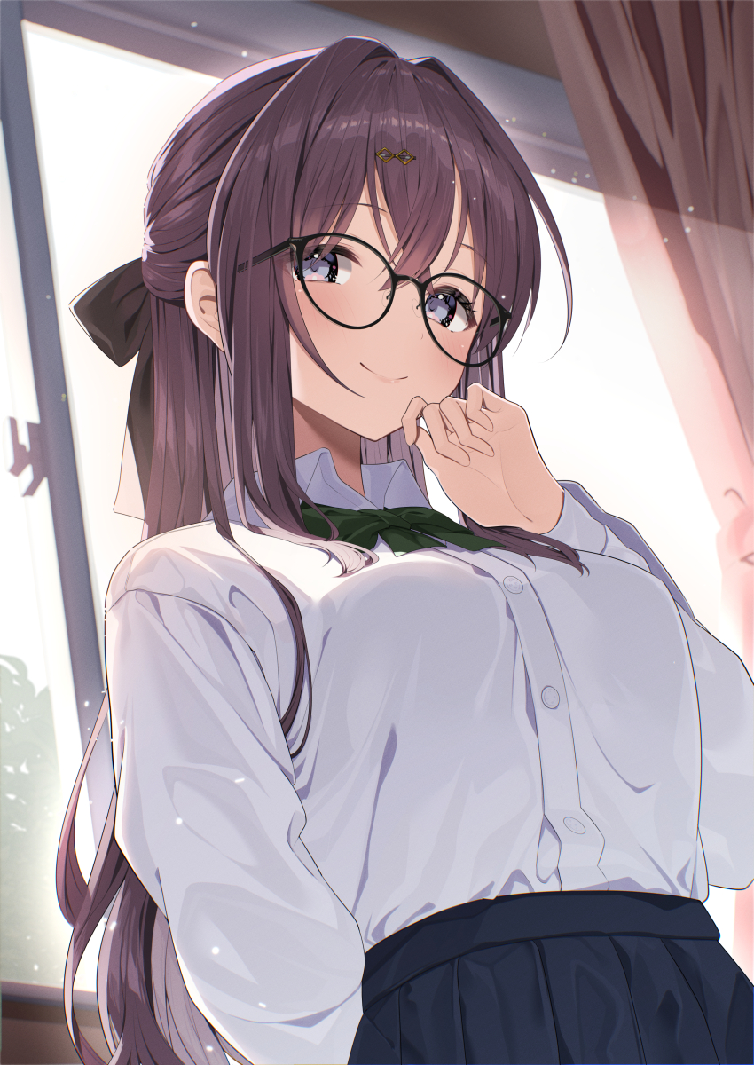 1girl absurdres against_window arm_behind_back black-framed_eyewear black_bow black_skirt borumete bow bowtie breasts brown_hair closed_mouth collared_shirt commentary_request crossed_bangs dress_shirt from_below glasses green_bow green_bowtie grey_eyes hair_bow half_updo hand_on_own_chin hand_up highres indoors light_blush long_hair long_sleeves looking_at_viewer medium_breasts original pleated_skirt shirt shirt_tucked_in sidelocks skirt smile solo upper_body white_shirt window