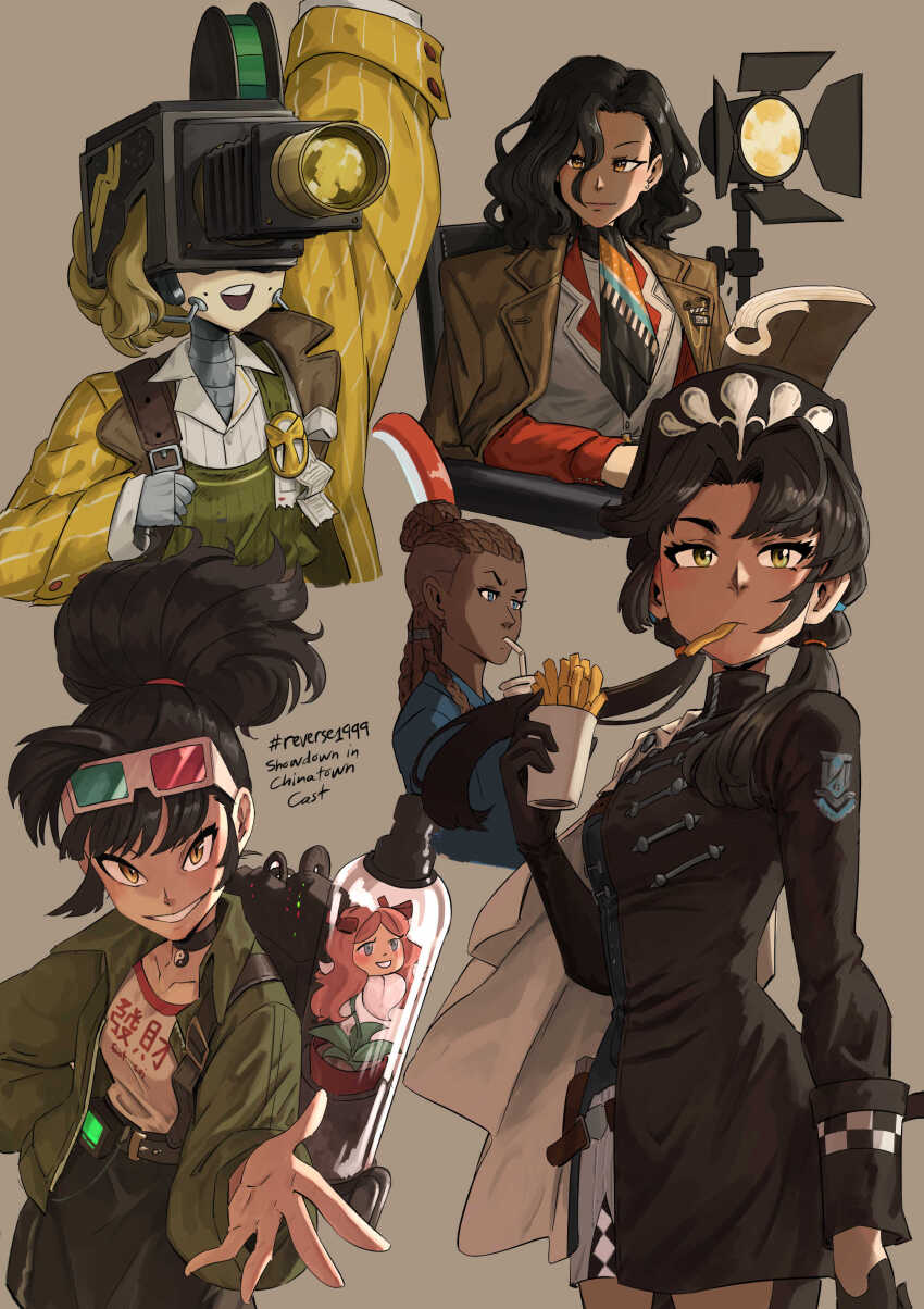 3d_glasses 5girls absurdres alraune an-an_lee arm_up backpack bag bell_jar beret black_choker black_dress black_gloves black_hair black_hat black_skirt blue_eyes blue_shirt book brown_coat brown_eyes cape choker closed_mouth clothes_writing coat coat_on_shoulders copyright_name cornrows cowboy_shot cup dark-skinned_female dark_skin dress drinking_straw drinking_straw_in_mouth english_text eyewear_on_head floodlights food food_in_mouth french_fries gloves green_jacket green_overalls grey_background grin hair_between_eyes hair_bun hat highres holding holding_book holding_cup jacket liang_yue_(reverse:1999) loggerhead_(reverse:1999) long_hair looking_at_viewer low_twintails metal_skin monster_girl movie_camera multiple_girls noire_(reverse:1999) object_head open_clothes open_jacket open_mouth oscar_fong outstretched_hand overalls parted_bangs plant plant_girl poitier_(reverse:1999) police police_uniform policewoman ponytail potted_plant red_shirt reverse:1999 shirt short_dress short_hair side_cape sitting skirt smile twintails upper_body vest white_cape white_shirt white_vest yellow_coat yellow_eyes yin_yang