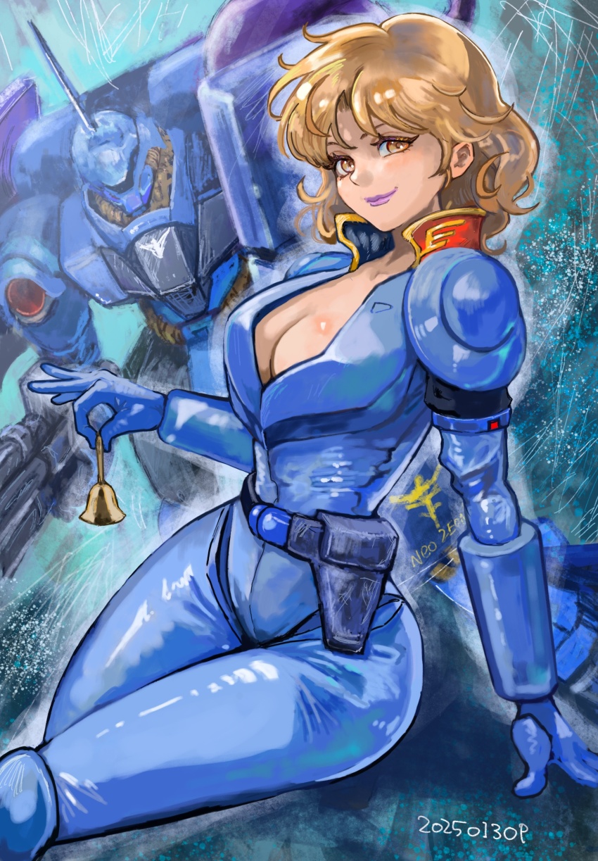 1girl bell breasts char&#039;s_counterattack cleavage gundam highres looking_at_viewer mecha mecha_pilot_suit medium_hair mobile_suit normal_suit_(gundam) okrdisk2000 orange_eyes orange_hair rezin_schnyder robot sitting solo