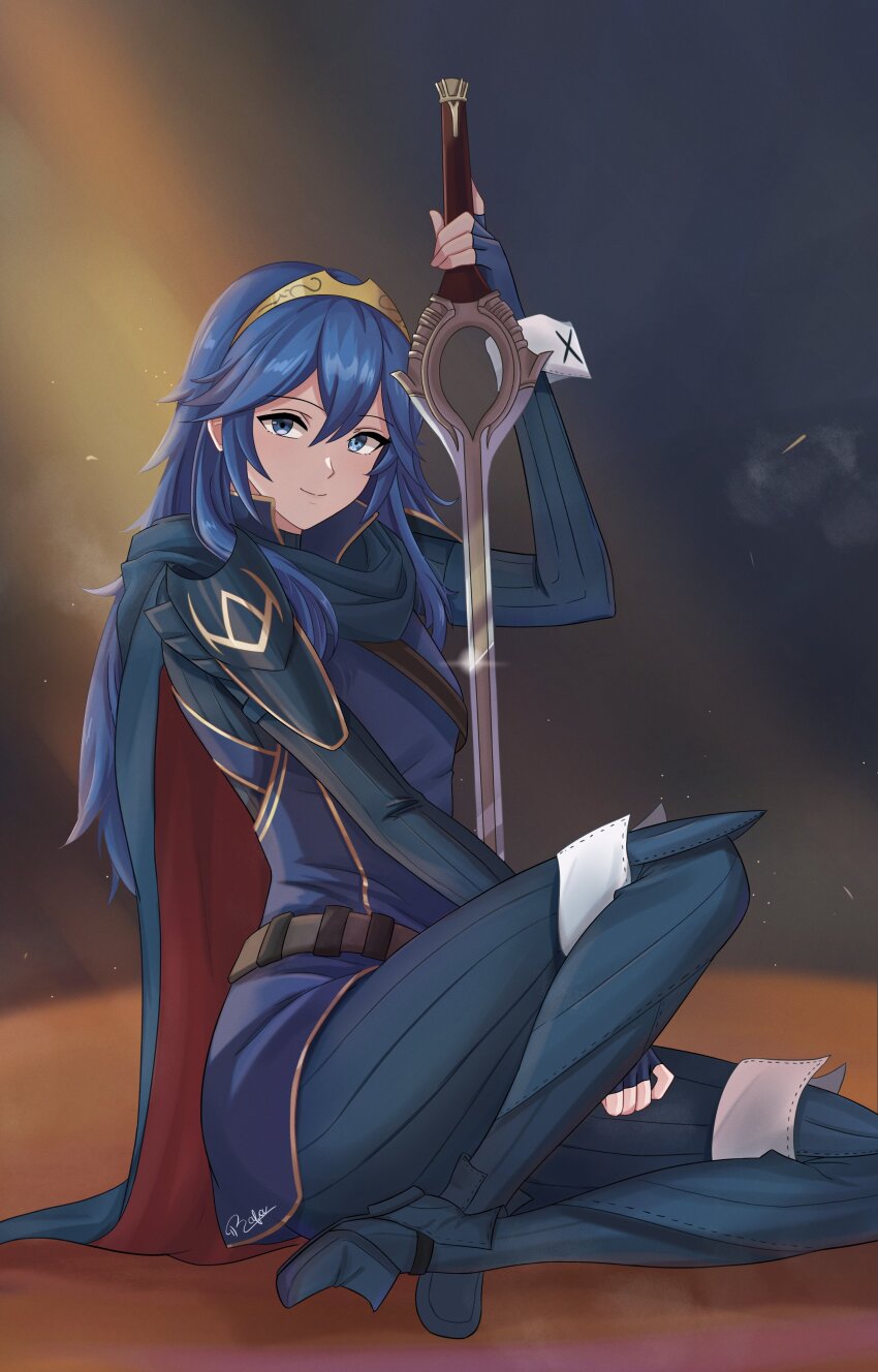 1girl absurdres armor blue_cape blue_eyes blue_gloves blue_hair brand_of_the_exalt cape closed_mouth falchion_(fire_emblem) fingerless_gloves fire_emblem fire_emblem_awakening full_body gloves hair_between_eyes highres holding holding_sword holding_weapon long_hair long_sleeves looking_at_viewer lucina_(fire_emblem) nintendo red_cape shoulder_armor signature sitting smile solo string_rafart sword symbol_in_eye tiara two-tone_cape weapon