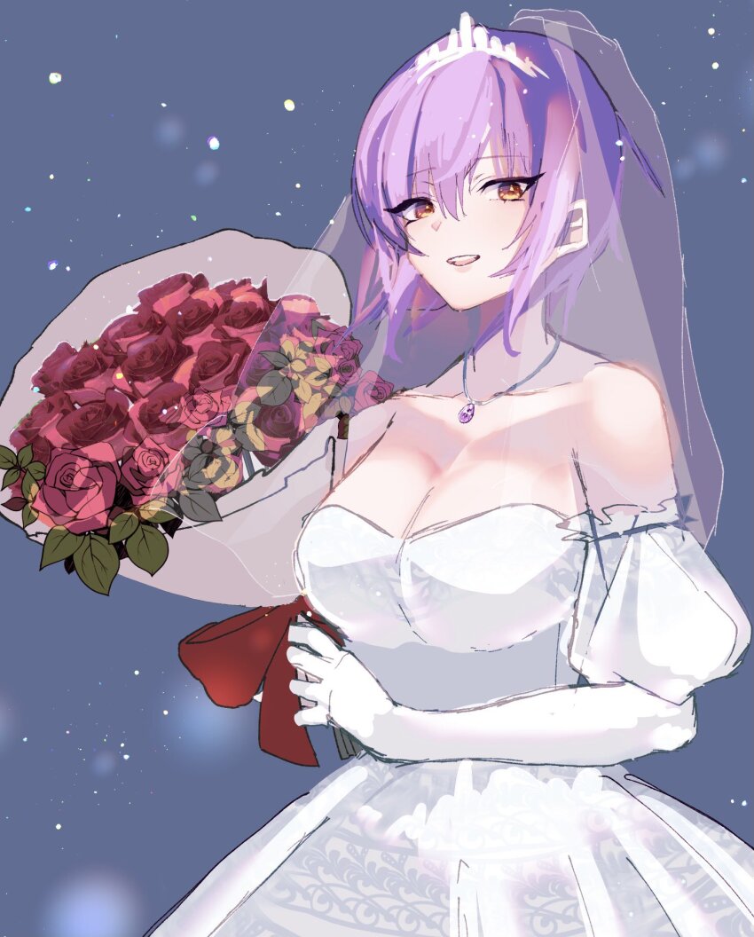 1girl bouquet breasts bridal_veil bride dress flower groom heaven_burns_red highres holding holding_bouquet hoootoke108 purple_hair red_eyes short_hair solo strapless strapless_dress tezuka_saki veil wedding wedding_dress white_dress