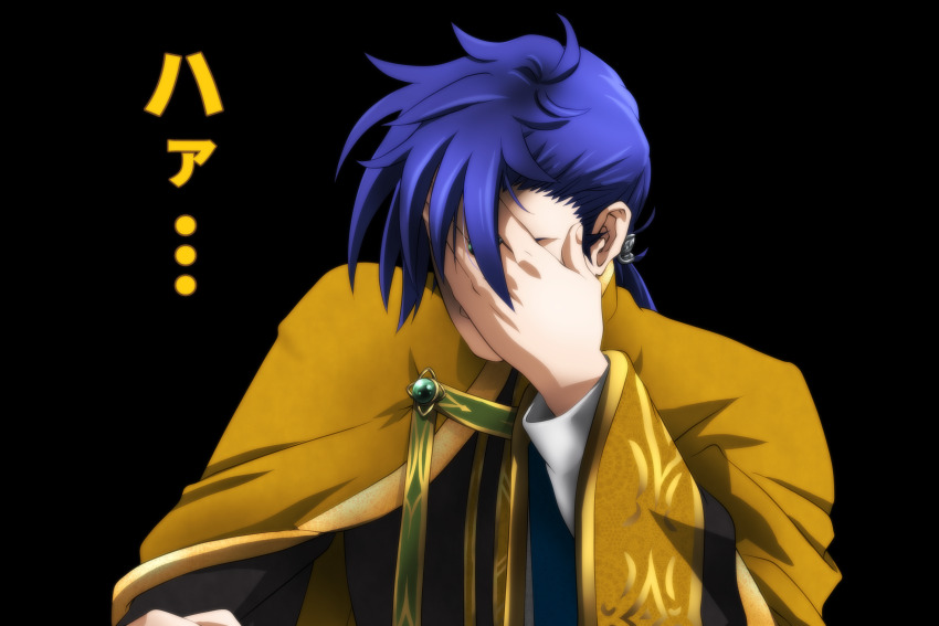 1boy asymmetrical_hair black_background blue_hair cape facing_viewer genya_(genya67) hand_over_face highres honzuki_no_gekokujou long_hair long_sleeves male_focus mixed-language_commentary robe solo sylvester_(honzuki_no_gekokujou) upper_body yellow_cape