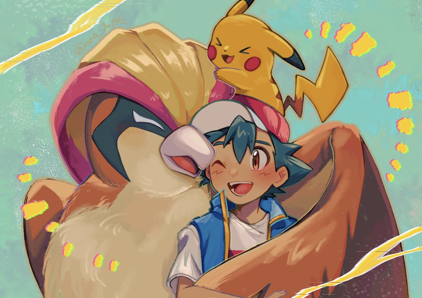 &gt;_&lt; 1boy :3 ;d ash_ketchum baseball_cap bird black_hair blue_vest brown_eyes closed_eyes commentary_request creatures_(company) game_freak gen_1_pokemon hat highres male_focus nintendo one_eye_closed oou_(tafc4385) open_clothes open_mouth open_vest pidgeot pikachu pokemon pokemon_(anime) pokemon_(creature) pokemon_journeys red_hat shirt short_hair short_sleeves smile t-shirt teeth upper_body vest white_shirt