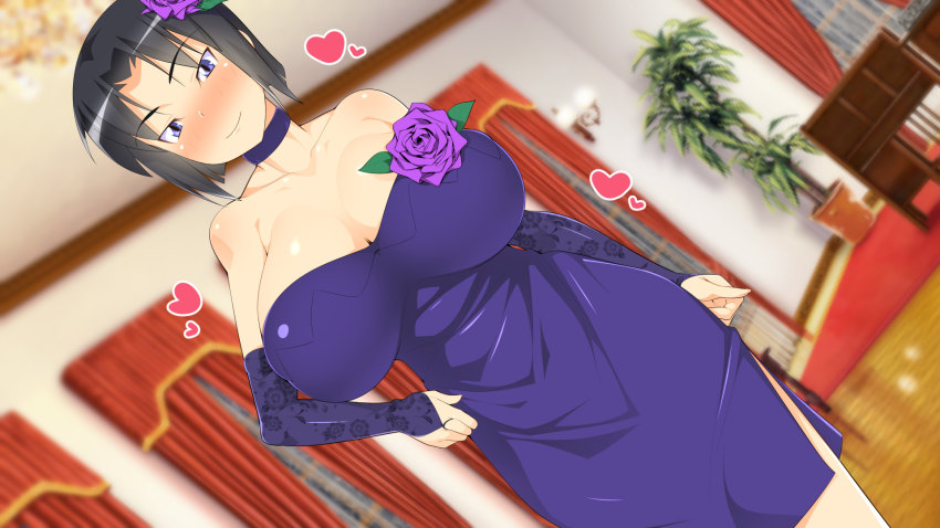 1girl bare_shoulders black_hair blush breasts bridal_gauntlets choker cleavage curtains dress dutch_angle elbow_gloves embarrassed female_focus flower gloves hair_flower hair_ornament hand_up happy heart highres hip_focus huge_breasts indoors legs looking_at_viewer makarou nose_blush plant purple_dress purple_eyes purple_flower purple_rose rose shirafuji_kyouko short_hair smile solo standing strapless strapless_dress thighs working!!