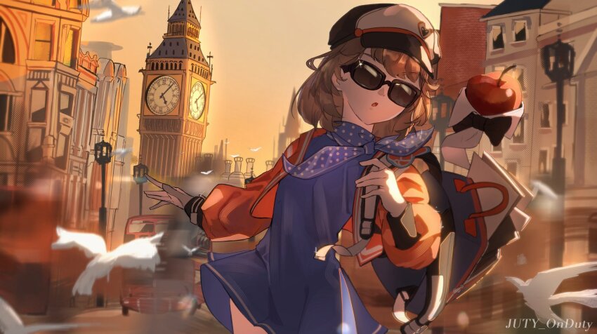 1girl apple apple_(reverse:1999) backpack bag bird black_bow black_bowtie blue_dress blue_neckerchief bow bowtie brown_hair building bus cowboy_shot double-decker_bus dress elizabeth_tower facing_viewer food fruit hat highres jacket juty london long_sleeves motor_vehicle neckerchief newsboy_cap open_bag orange_sky outdoors parted_lips puffy_long_sleeves puffy_sleeves red_jacket regulus_(reverse:1999) reverse:1999 short_dress short_hair sky solo sunglasses traditional_bowtie twitter_username