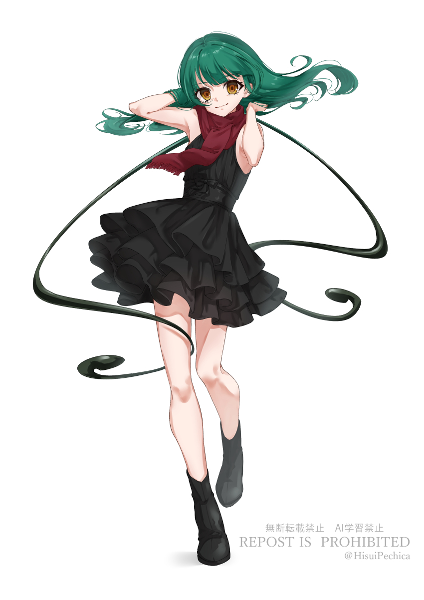 1girl absurdres ansatsu_kyoushitsu artist_name bare_legs black_dress black_shoes dress floating_hair full_body green_hair hand_in_own_hair highres hisuipechika kayano_kaede layered_dress long_hair looking_at_viewer red_scarf scarf shoes short_dress sleeveless sleeveless_dress smile solo standing tentacles twitter_username watermark yellow_eyes yukimura_akari