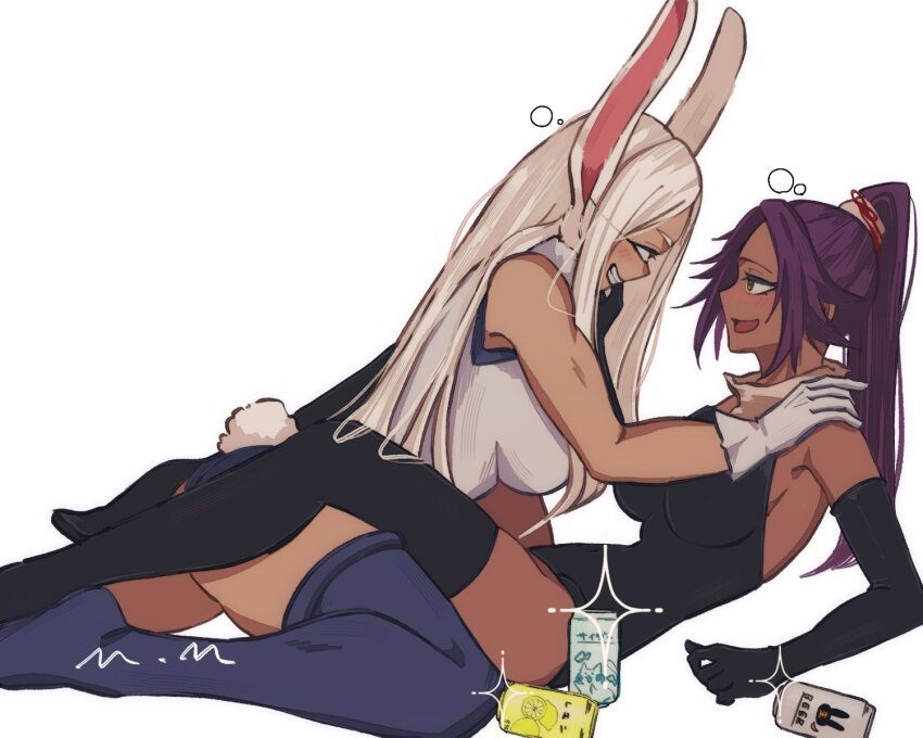 2girls alcohol animal_ears beer black_gloves black_leotard black_thighhighs black_vs_white bleach bleach:_sennen_kessen-hen blue_thighhighs boku_no_hero_academia crossover dark-skinned_female dark_skin drunk elbow_gloves female_focus gloves hair_ornament highres leotard long_hair looking_at_another mirko mmsb_551 multiple_girls ponytail purple_hair rabbit_ears rabbit_girl rabbit_tail shihouin_yoruichi simple_background tail thighhighs trait_connection white_background white_gloves white_hair white_leotard yellow_eyes