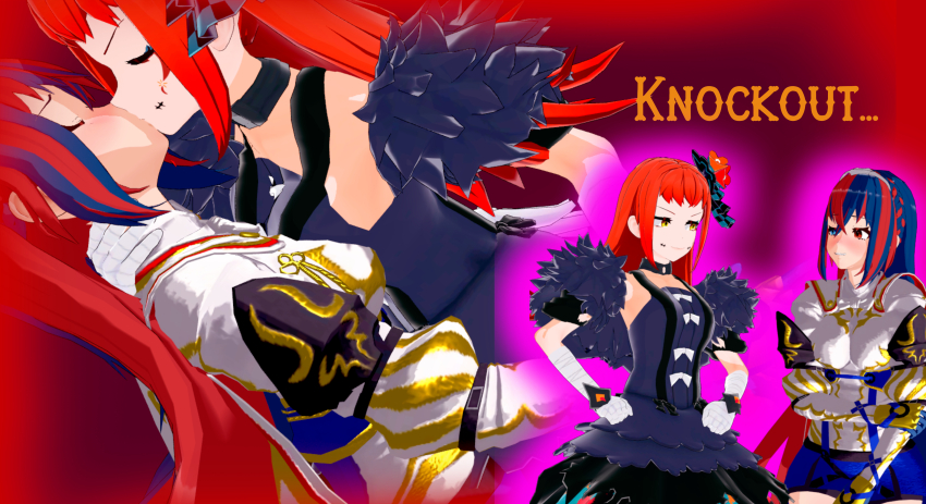 2girls 3d absurdres artist_request assertive_female blue_hair breasts english_text female_alear_(fire_emblem) fire_emblem fire_emblem_engage highres kiss leaning_back leaning_forward long_hair medium_breasts multicolored_hair multiple_girls nintendo non-web_source panette_(fire_emblem) red_hair small_breasts very_long_hair yuri