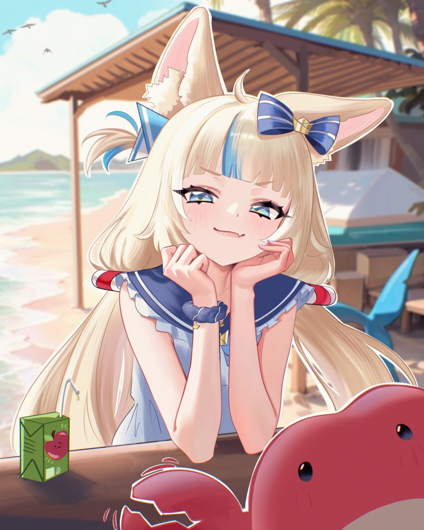 1girl :3 absurdres ahoge animal_ear_fluff animal_ears beach blonde_hair blue_eyes blue_hair blue_sailor_collar blue_sky blunt_bangs blurry blurry_background bow cat_ears crab day dress fang fins fish_girl fish_tail frilled_shirt_collar frills hair_bow hands_on_own_chin highres indie_virtual_youtuber itszenvy lifebuoy_hair_ornament long_hair looking_at_viewer low_twintails multicolored_hair ocean one_side_up outdoors sailor_collar sameko_saba scrunchie skin_fang sky sleeveless sleeveless_dress smile solo streaked_hair tail twintails virtual_youtuber white_dress white_hair wrist_scrunchie