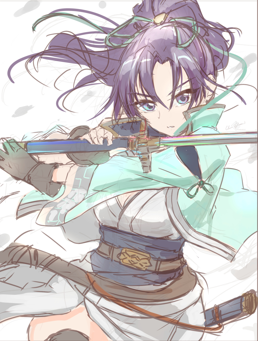 1girl brown_gloves clear_glass_(mildmild1311) dress fingerless_gloves fir_(fire_emblem) fir_(swordmaiden)_(fire_emblem) fire_emblem fire_emblem:_the_binding_blade fire_emblem_heroes gloves green_jacket green_ribbon hair_ribbon highres holding holding_sword holding_weapon jacket long_hair long_sleeves looking_at_viewer nintendo official_alternate_costume open_clothes open_jacket parted_lips ponytail purple_eyes purple_hair ribbon sheath solo sword weapon white_dress
