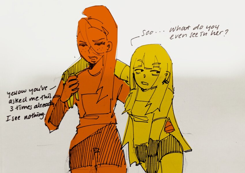 2girls blonde_hair blurry_text english_text feet_out_of_frame freckles gradient_background grey_background hair_over_shoulder highres horse_race_tests jovial_merryment k3llogs leaning_on_person lightning_strikes_thrice limited_palette long_hair looking_to_the_side multiple_girls multiple_monochrome open_mouth orange_hair ponytail shirt short_shorts shorts sketch standing yuri