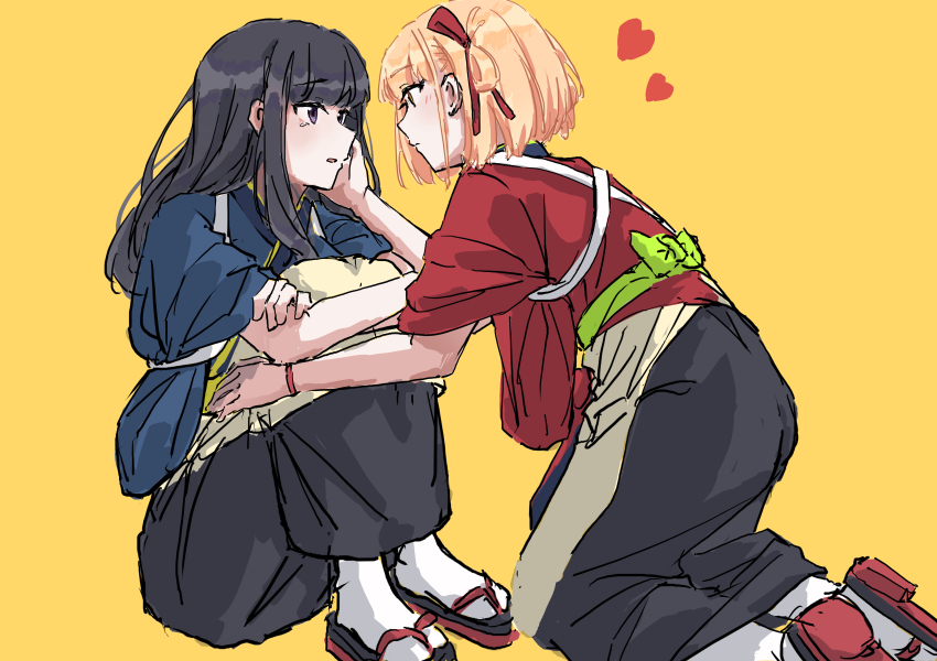 2girls absurdres black_hair blonde_hair blue_kimono blush bob_cut bracelet commentary crying english_commentary eye_contact fafayu hair_ribbon hand_on_another&#039;s_cheek hand_on_another&#039;s_face heart highres hugging_own_legs inoue_takina japanese_clothes jewelry kimono long_hair looking_at_another lycoris_recoil multiple_girls nishikigi_chisato one_side_up open_mouth purple_eyes red_eyes red_kimono red_ribbon ribbon short_hair sidelocks simple_background sitting socks white_socks yellow_background yuri