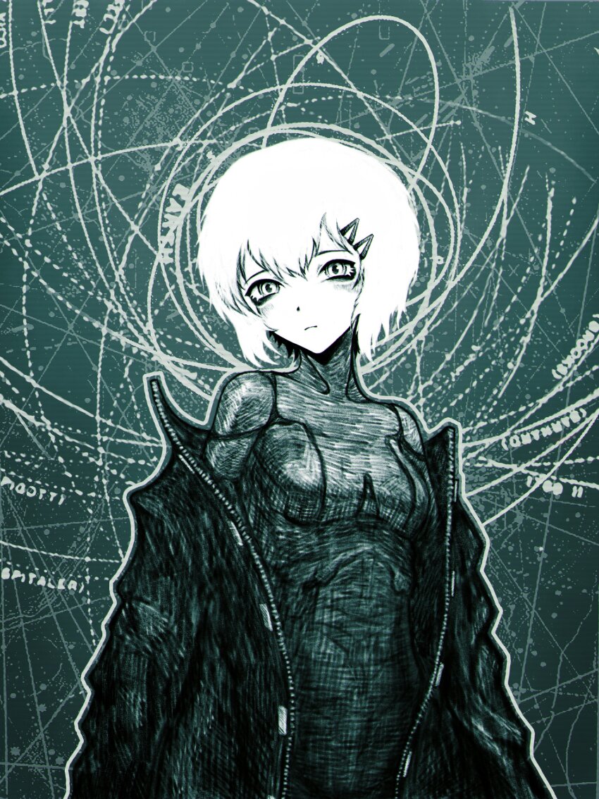 11e10 1girl abstract_background absurdres aqua_theme blush bodysuit coat eyeshadow faux_traditional_media hair_ornament hairclip head_tilt highres looking_at_viewer makeup marie_(peripeteia) monochrome open_clothes open_coat peripeteia short_hair solo upper_body white_hair