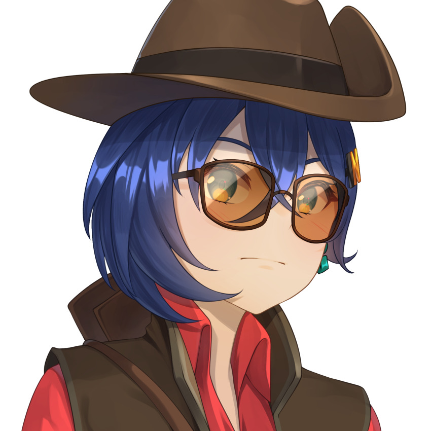 1girl acrylicstroke belle_(zenless_zone_zero) blue_eyes blue_hair brown_vest closed_mouth collared_shirt commission commissioner_upload cosplay earrings hat highres jewelry looking_at_viewer non-web_source red_shirt red_sniper_(tf2) shirt short_hair single_earring sniper_(tf2) sniper_(tf2)_(cosplay) solo sunglasses team_fortress_2 transparent_background upper_body vest zenless_zone_zero