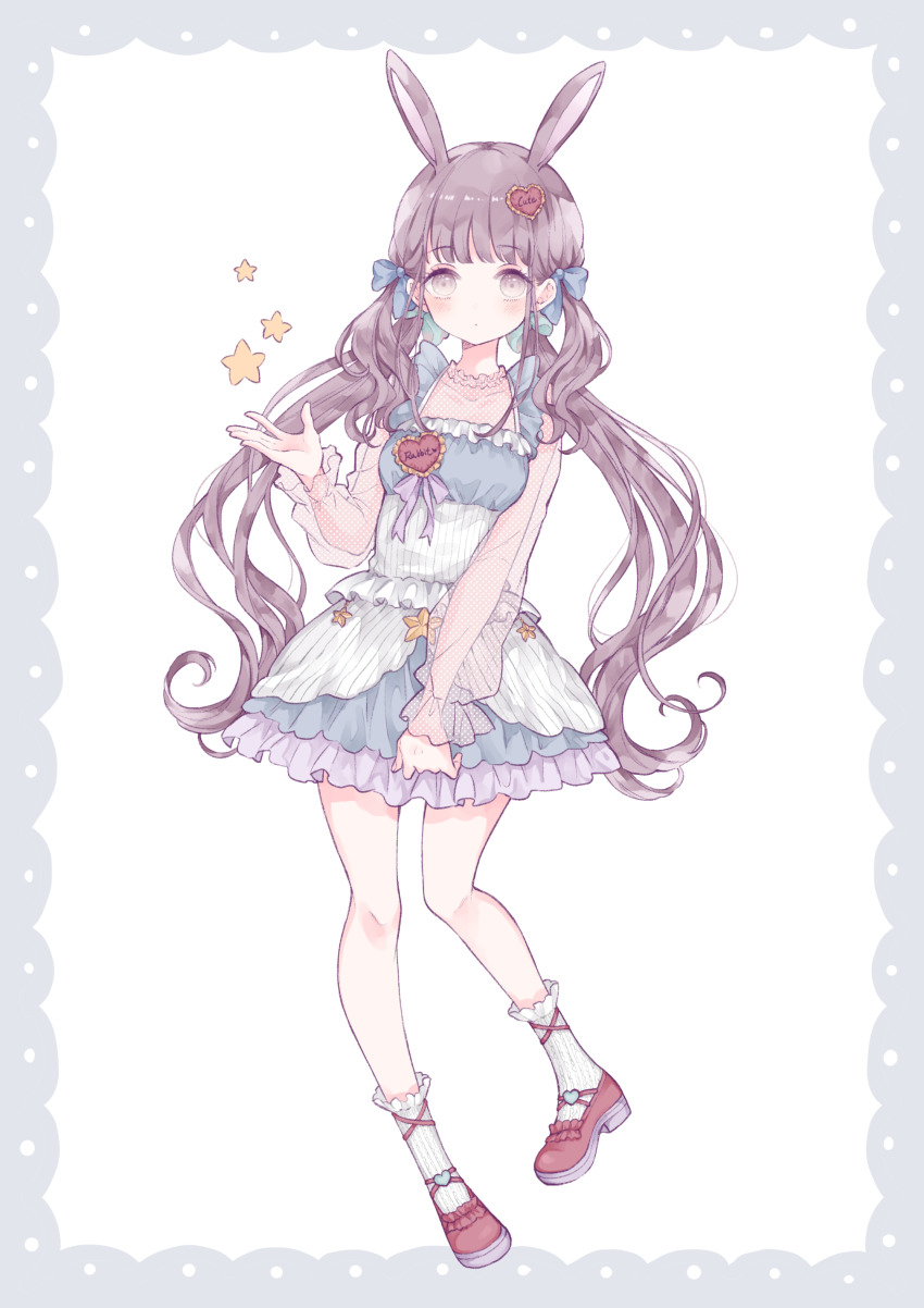 1girl absurdres animal_ears aqua_bow blue_bow blue_dress blush bow brown_eyes brown_hair closed_mouth commentary dress frilled_dress frilled_socks frills full_body hair_bow hair_ornament hand_up heart heart_hair_ornament highres long_hair looking_at_viewer original pinafore_dress rabbit_ears red_shoes see-through_clothes see-through_shirt shirt shoes sleeveless sleeveless_dress socks solo star_(symbol) symbol-only_commentary ting_(tingiiio) twintails white_background white_socks