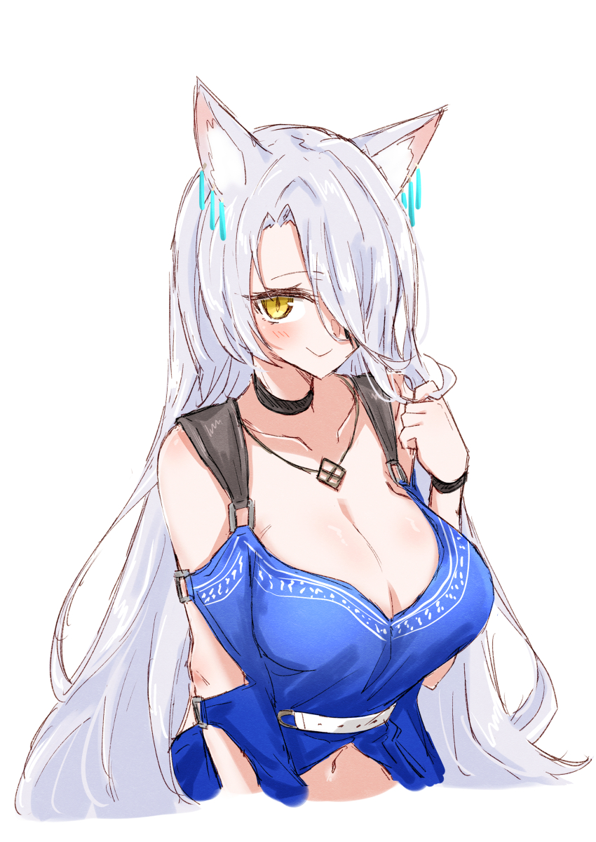 :&gt; absurdres animal_ears arknights bare_shoulders black_choker blue_dress blush breasts choker cleavage closed_mouth commentary cropped_torso dress grey_hair hair_intakes hair_over_one_eye highres large_breasts long_hair maiq06 navel one-hour_drawing_challenge one_eye_covered santalla_(arknights) simple_background smile white_background yellow_eyes