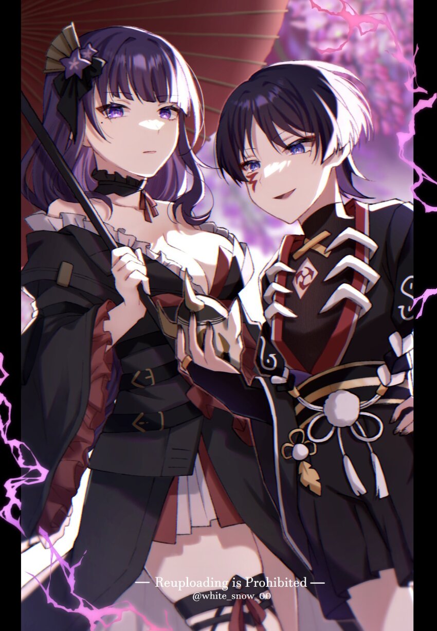 1boy 1girl alternate_costume bare_shoulders belt black_belt black_bodysuit black_border black_bow black_kimono black_nails black_rope black_shorts black_sleeves blunt_bangs blunt_ends bodysuit border bow breasts bridal_gauntlets chinese_knot cleavage closed_mouth collar collarbone detached_collar eyelashes eyeliner eyeshadow facial_mark fan_hair_ornament feathers flower frilled_collar frilled_kimono frilled_sleeves frills genshin_impact gold_belt gold_ring hair_bow hair_flower hair_ornament han&#039;eri hand_on_own_hip hannya haori_himo highres hime_cut holding holding_mask holding_umbrella hoyofair japanese_clothes kimono kimono_skirt layered_kimono letterboxed long_hair long_sleeves looking_at_viewer makeup mask middle_ring mitsudomoe_(shape) mole mole_under_eye mother_and_son noh_mask oil-paper_umbrella open_clothes open_kimono pleated_shorts pleated_skirt purple_bridal_gauntlets purple_eyes purple_flower purple_hair purple_lightning raiden_shogun red_eyeliner red_eyeshadow red_kimono red_lips red_ribbon red_skirt red_umbrella ribbon rope scaramouche_(genshin_impact) shimenawa shorts single_sidelock skindentation skirt thigh_strap tomoe_(symbol) twitter_username umbrella white_kimono white_rope white_skirt white_snow_00 yellow_feathers