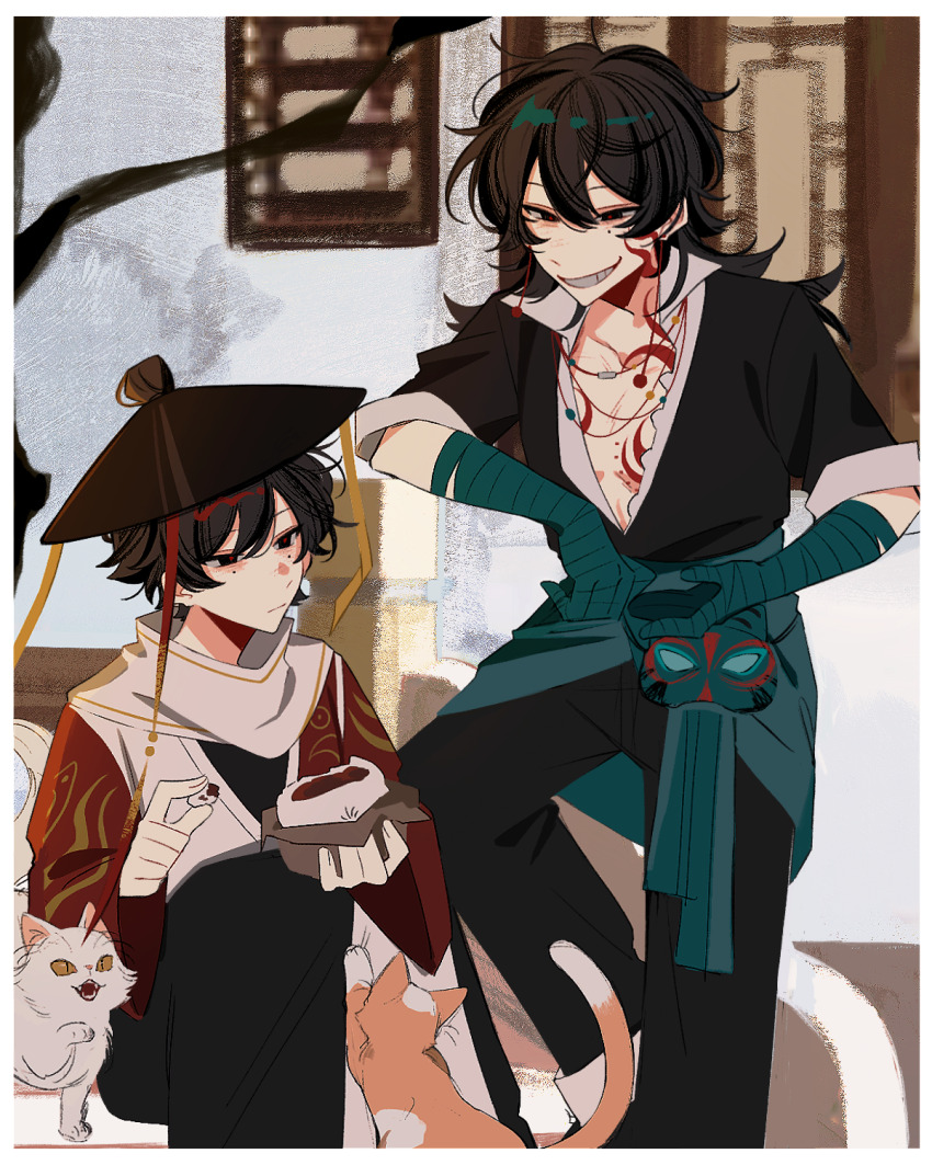 2boys ajirogasa bandaged_arm bandaged_hand bandages black_hair black_hat black_jacket black_pants border cat cen_boyao chest_tattoo chinese_commentary closed_mouth commentary_request facial_tattoo grin hair_between_eyes hat highres huayangshan_jishi jacket long_hair male_focus mole mole_under_each_eye mole_under_eye multiple_boys multiple_moles neng_chi_huoguo_ma orange_cat pants partially_unbuttoned red_jacket scarf shirt short_hair smile tattoo white_border white_cat white_scarf white_shirt zhao_yuwen