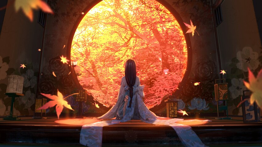 1girl absurdres andon_(lighting) architecture autumn_leaves black_hair commentary_request east_asian_architecture falling_leaves floor_lamp from_behind highres japanese_clothes kimono lamp leaf long_hair maple_leaf original scenery shuu_illust sitting solo tree very_long_hair