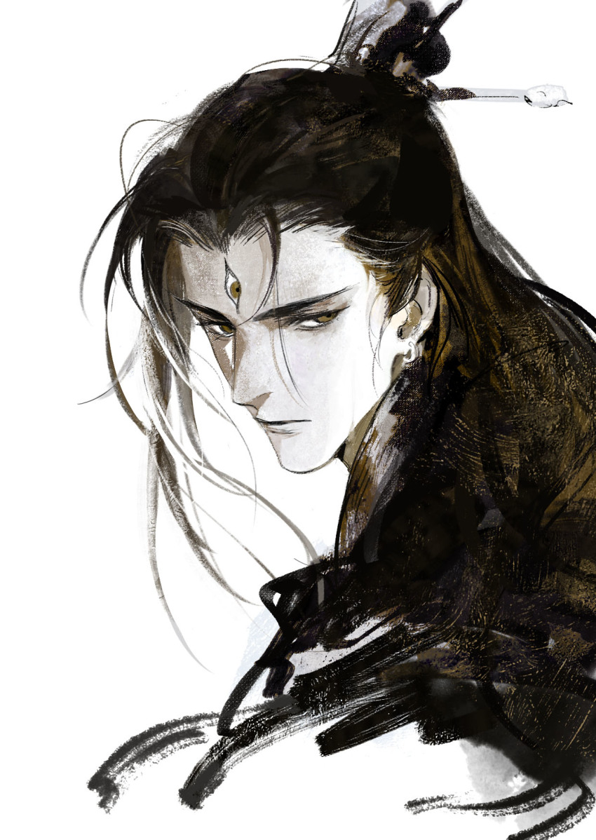 1boy 21_shiji_qujing_lu earrings extra_eyes hair_ornament hair_stick half_updo highres jewelry long_hair looking_at_viewer male_focus monochrome portrait simple_background solo xiandao1213 xiao_guan_(headdress) yang_jian_(journey_to_the_west)