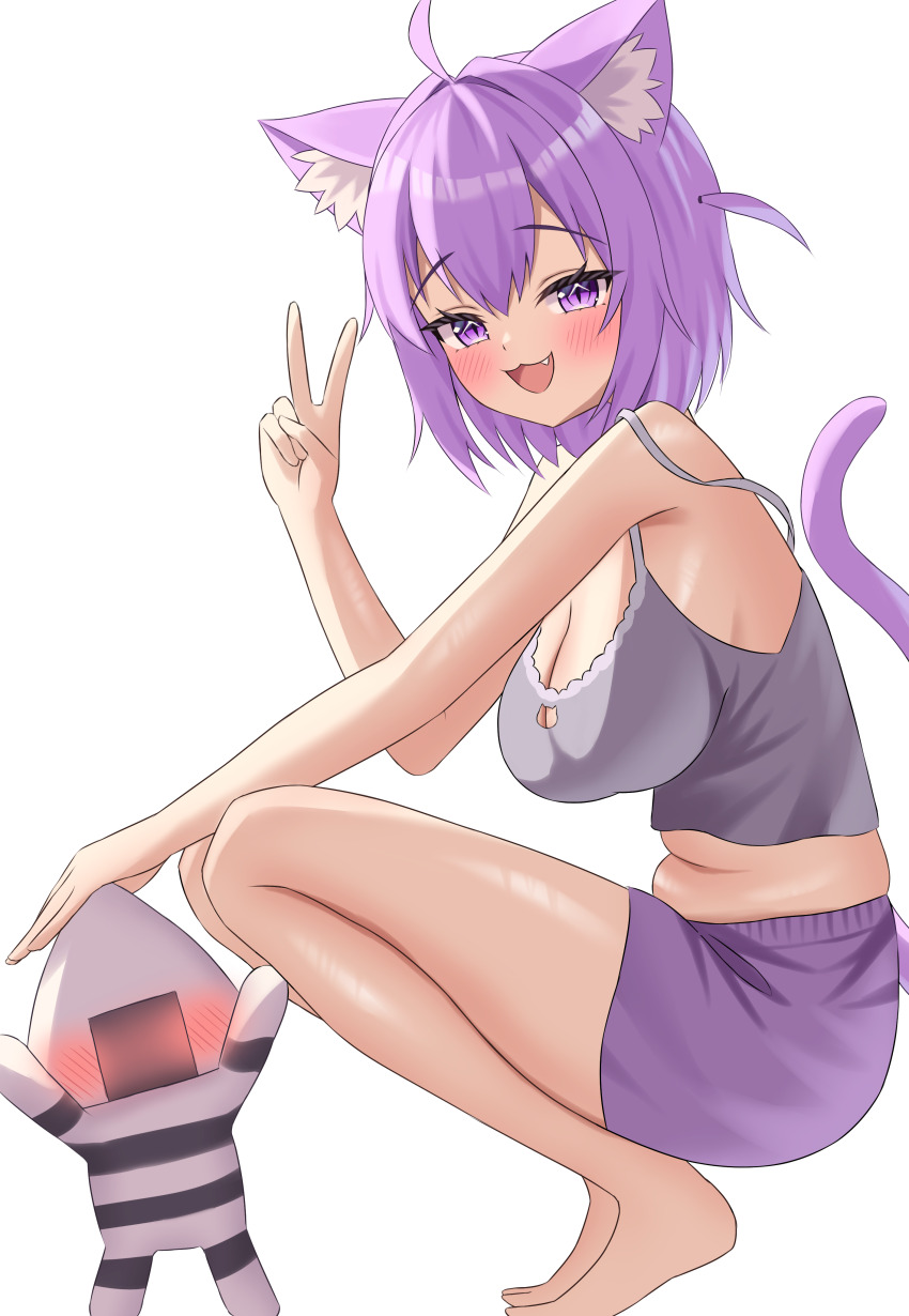 1girl absurdres animal_ear_fluff animal_ears barefoot blush cat_cutout cat_ears cat_girl cat_tail clothing_cutout commentary crop_top fang feet grey_tank_top hair_between_eyes highres hololive kumoru_(kumoru_145) long_hair medium_hair midriff nekomata_okayu onigirya_(nekomata_okayu) open_mouth purple_eyes purple_hair purple_shorts purple_tail shorts solo stomach tail tank_top toes v virtual_youtuber white_background