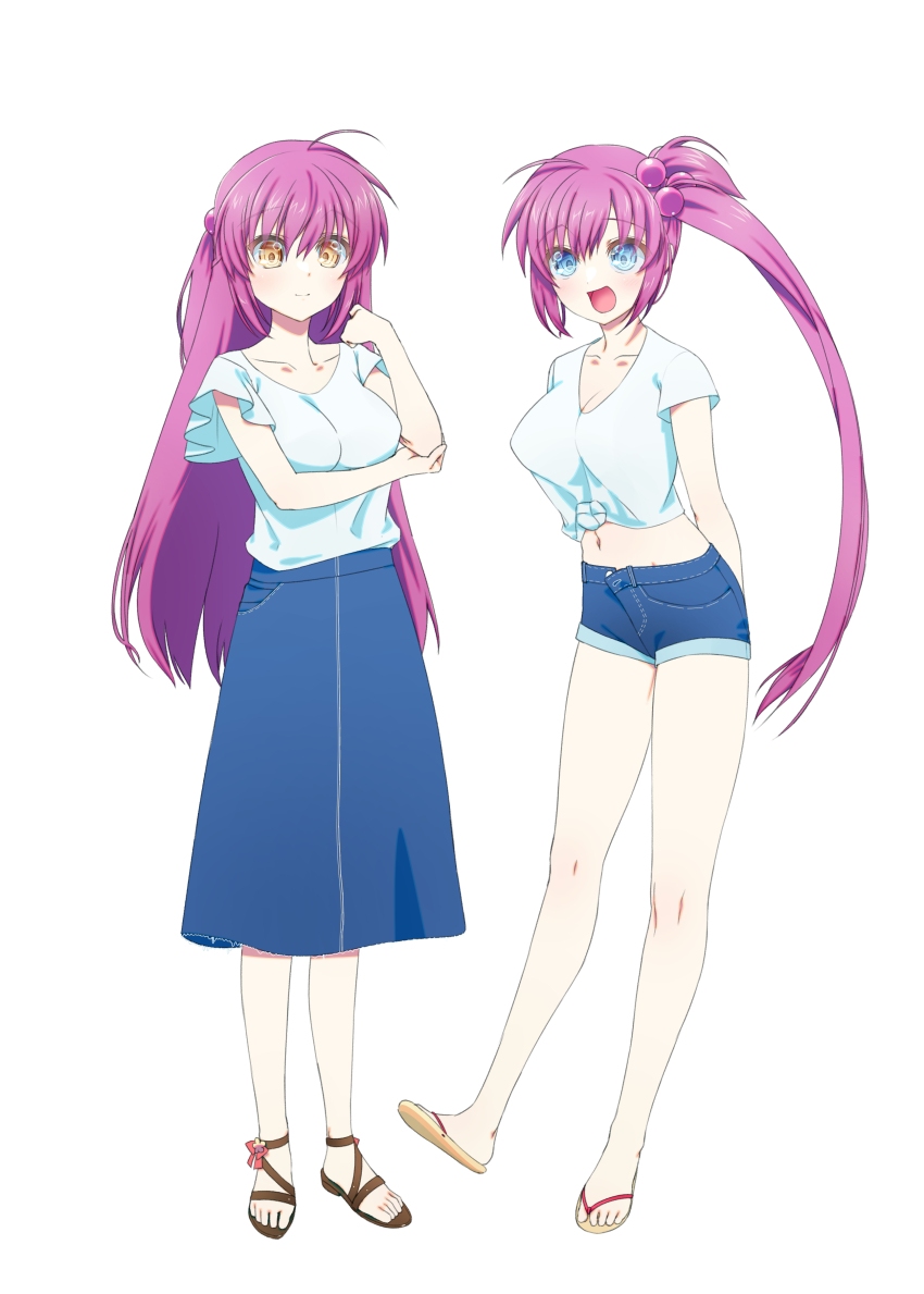 2girls :d absurdres alternate_costume arms_behind_back blue_eyes blue_skirt blush breasts cleavage closed_mouth collarbone commentary denim denim_shorts eyes_visible_through_hair full_body futaki_kanata hair_between_eyes hair_bobbles hair_ornament half_updo hand_up happy highres large_breasts little_busters! long_hair long_skirt looking_at_viewer multiple_girls natsuoto_rito navel no_socks one_side_up open_mouth purple_hair saigusa_haruka sandals shirt short_sleeves shorts siblings side-by-side side_ponytail simple_background sisters skirt smile standing straight_hair twins very_long_hair white_background white_shirt yellow_eyes