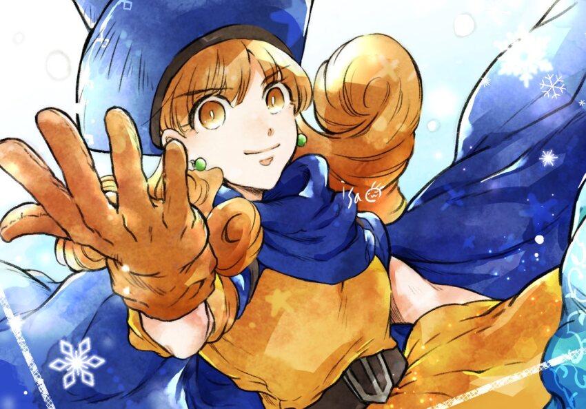 1girl alena_(dq4) artist_name belt blue_cloak blue_hat breasts brown_belt brown_eyes brown_gloves brown_hair cloak closed_mouth curly_hair dragon_quest dragon_quest_iv dress earrings gloves hair_between_eyes hat isa_(chiyo-s) jewelry long_hair looking_at_viewer medium_breasts orange_dress outstretched_hand pointy_hat smile snowflakes solo upper_body