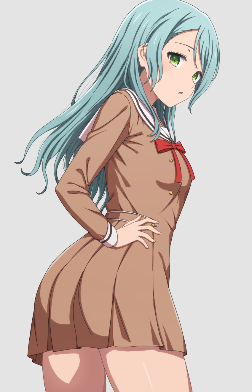 1girl aqua_hair bang_dream! brown_dress commentary dress green_eyes grey_background hanasakigawa_school_uniform hand_on_own_hip highres hikawa_sayo long_hair long_sleeves looking_at_viewer neck_ribbon noshimurin open_mouth paid_reward_available red_ribbon ribbon sailor_collar sailor_dress school_uniform simple_background solo white_sailor_collar