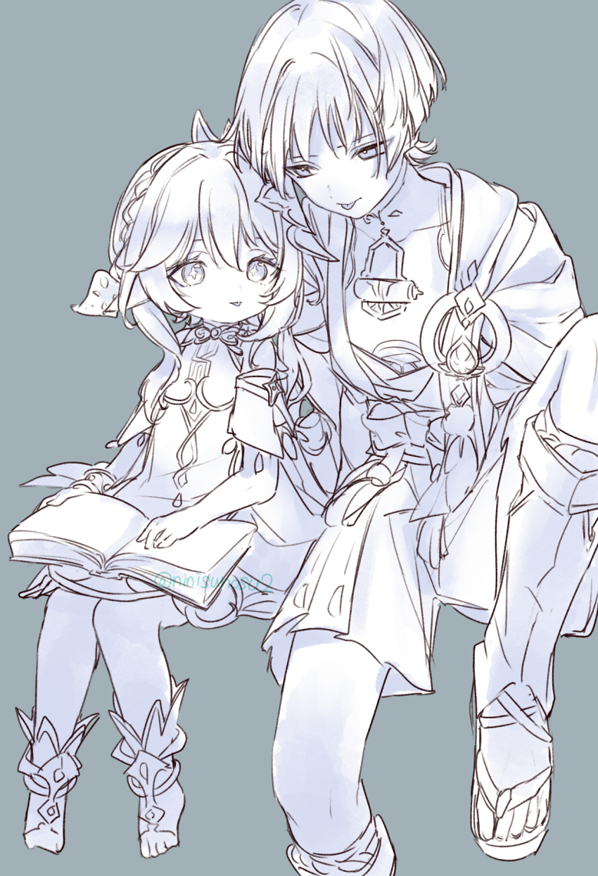 1boy 1girl anklet armlet blunt_ends bodysuit book bow bracelet cape covered_collarbone cross-shaped_pupils detached_sleeves dress eyelashes feathers gem genshin_impact grey_background hair_between_eyes hair_ornament hakama hakama_shorts half_crown_braid han&#039;eri highres holding holding_book japanese_clothes jewelry kimono knee_up layered_kimono leaf leaf_hair_ornament leg_warmers leggings looking_at_another mandarin_collar monochrome nahida_(genshin_impact) ninisunosu2 open_clothes open_kimono pleated_shorts pointy_ears pom_pom_(clothes) scaramouche_(genshin_impact) shorts sitting sketch symbol-shaped_pupils tassel toeless_footwear toeless_legwear toes tongue tongue_out twitter_username vision_(genshin_impact) wanderer_(genshin_impact)
