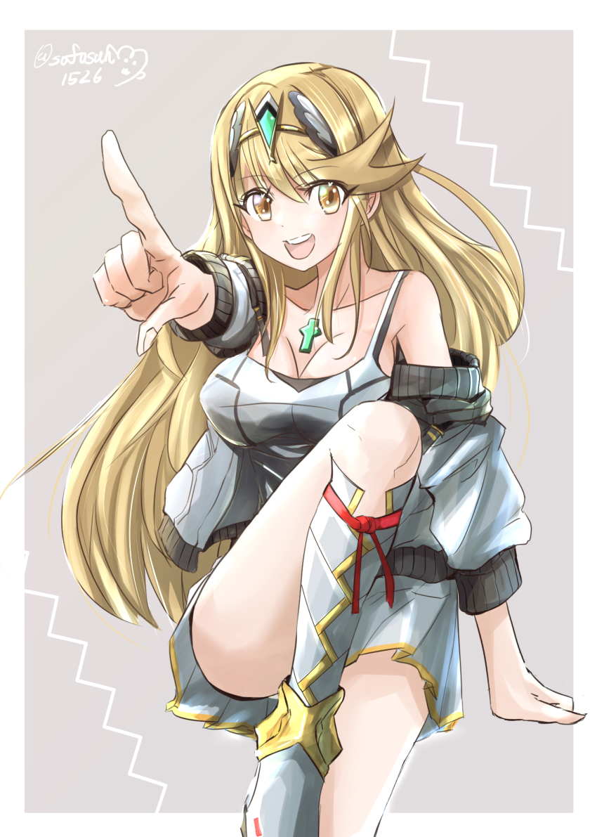 blonde_hair boots breasts camisole chest_jewel cosplay highres jacket large_breasts long_hair mio_(xenoblade) mio_(xenoblade)_(cosplay) mythra_(xenoblade) shoulder_strap sofusan1526 swept_bangs tank_top very_long_hair white_boots white_camisole white_jacket white_tank_top xenoblade_chronicles_(series) xenoblade_chronicles_2 xenoblade_chronicles_3 yellow_eyes