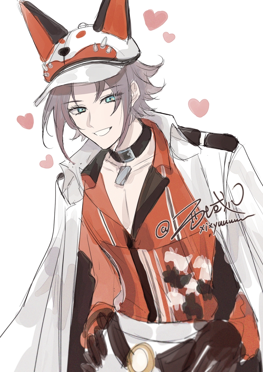 1boy animal_ear_headwear animal_ears animal_hat artist_name black_collar black_gloves blue_eyes brown_hair coat coat_on_shoulders collar collarbone fake_animal_ears gloves hair_behind_ear hat heart highres jacket jacket_on_shoulders looking_at_viewer male_focus mysta_rias nijisanji nijisanji_en orange_shirt shirt short_hair signature smile solo twitter_username virtual_youtuber white_background white_coat white_jacket xi_yuu