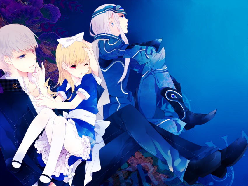 1boy 2girls alice_(megami_tensei) armor atlus bad_id bad_pixiv_id blonde_hair blue_background blue_eyes blunt_bangs boots dress earrings grey_hair hair_ribbon hairband jewelry long_hair mary_janes megami_tensei multiple_girls narukami_yu pantyhose persona persona_4 petitbisou petticoat red_eyes ribbon school_uniform shin_megami_tensei shoes short_hair tam_lin white_legwear