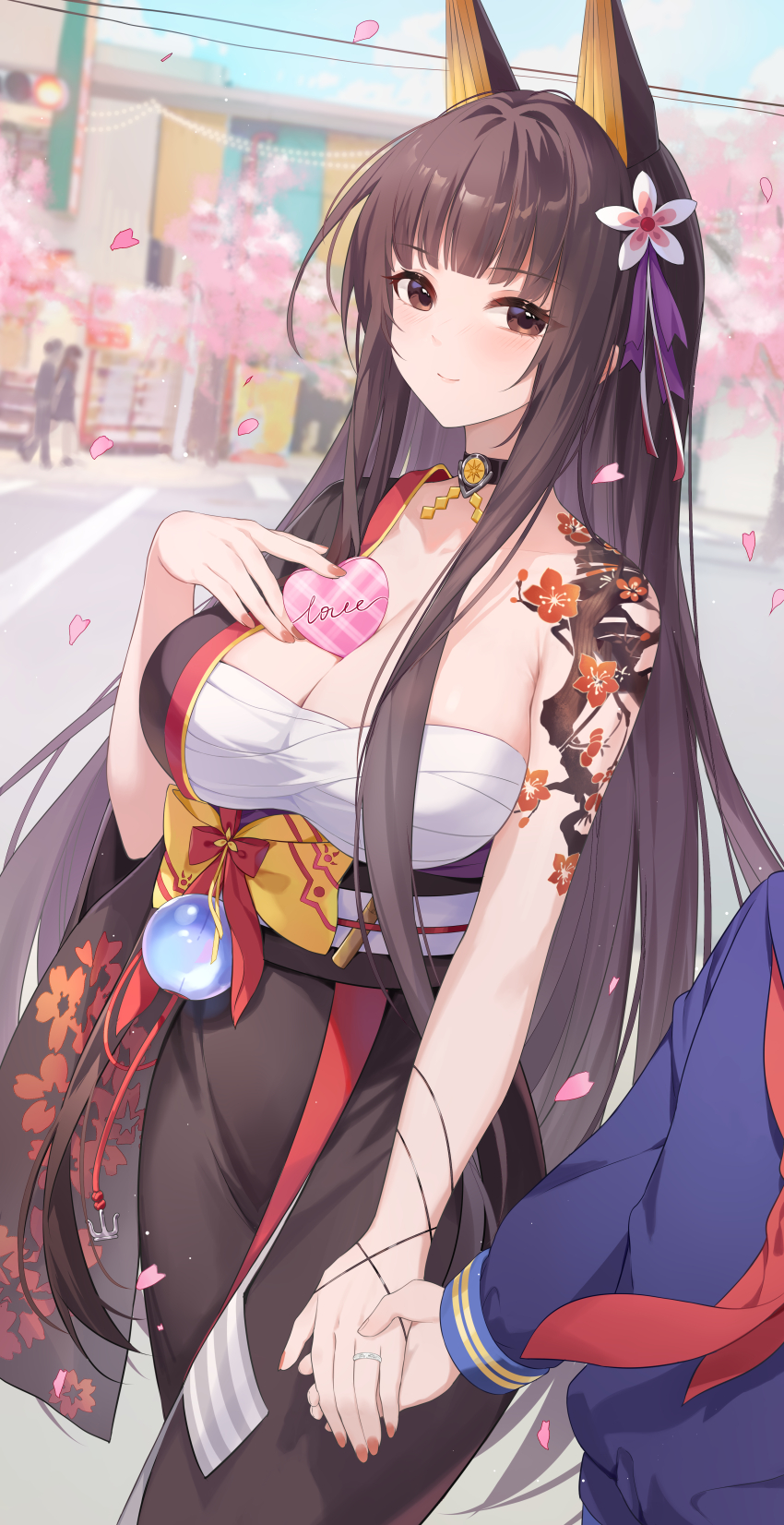 1boy 1girl absurdres akagi_(warship_girls_r) animal_ears blunt_bangs breasts brown_eyes brown_hair cherry_blossoms choker cleavage flower fox_ears hair_flower hair_ornament highres holding holding_hands japanese_clothes kimono large_breasts long_hair looking_at_viewer morimori_(14292311) outdoors ribbon sarashi sash smile solo_focus tattoo very_long_hair warship_girls_r