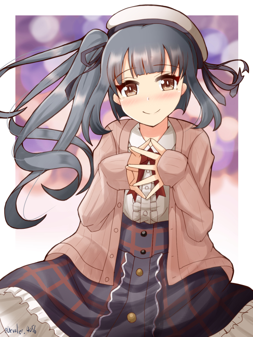 1girl alternate_costume black_ribbon blue_skirt blush brown_cardigan brown_eyes cardigan grey_hair hat highres kantai_collection kasumi_(kancolle) long_hair looking_at_viewer neck_ribbon red_ribbon ribbon sailor_hat sawatani_(chevalier_04056) shirt side_ponytail skirt smile solo twitter_username white_shirt
