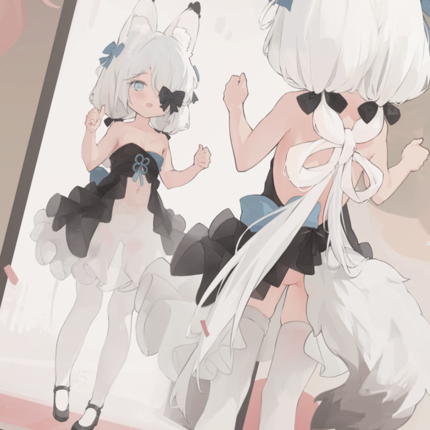1girl alternate_costume animal_ear_fluff animal_ears azur_lane balloon black_bow black_dress black_shoes blue_bow blue_eyes bow clothing_cutout dress fox_ears fox_tail frilled_skirt frills hair_bow hair_over_one_eye kasumi_(azur_lane) kasumi_1118 looking_at_mirror low_twintails manjuu_(azur_lane) mary_janes mirror navel_cutout open_mouth shoes skirt smile solo standing swept_bangs tail thighhighs twintails twintails_with_braided_base white_hair white_skirt white_thighhighs