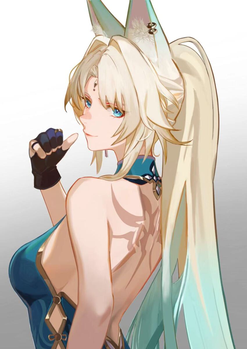 1girl animal_ears bare_back bare_shoulders earrings feixiao_(honkai:_star_rail) highres honkai:_star_rail honkai_(series) jewelry long_hair looking_at_viewer looking_back smile vjkm7284 white_background white_hair