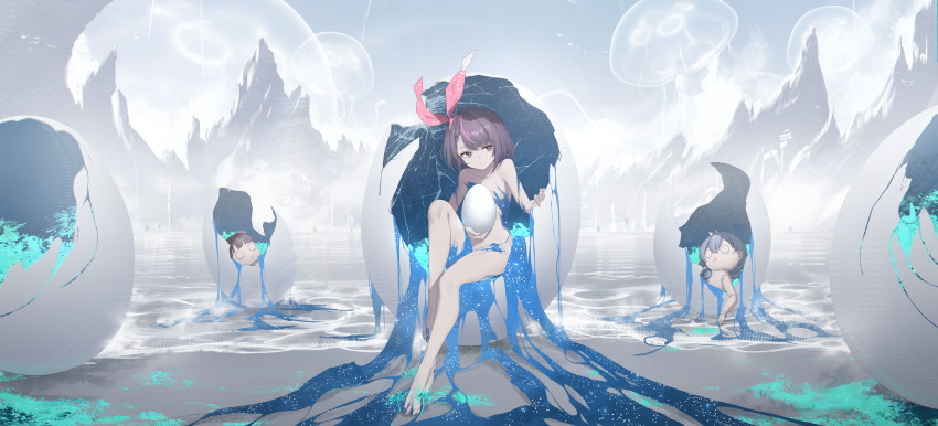 1girl absurdres animal barefoot blue_sky brown_eyes brown_hair character_request closed_mouth collarbone commentary_request day doll egg eggshell hair_ribbon haze/reverb highres holding holding_egg jellyfish multicolored_hair nude outdoors oversized_animal pink_hair pink_ribbon ribbon roi_(liu_tian) sky solo streaked_hair