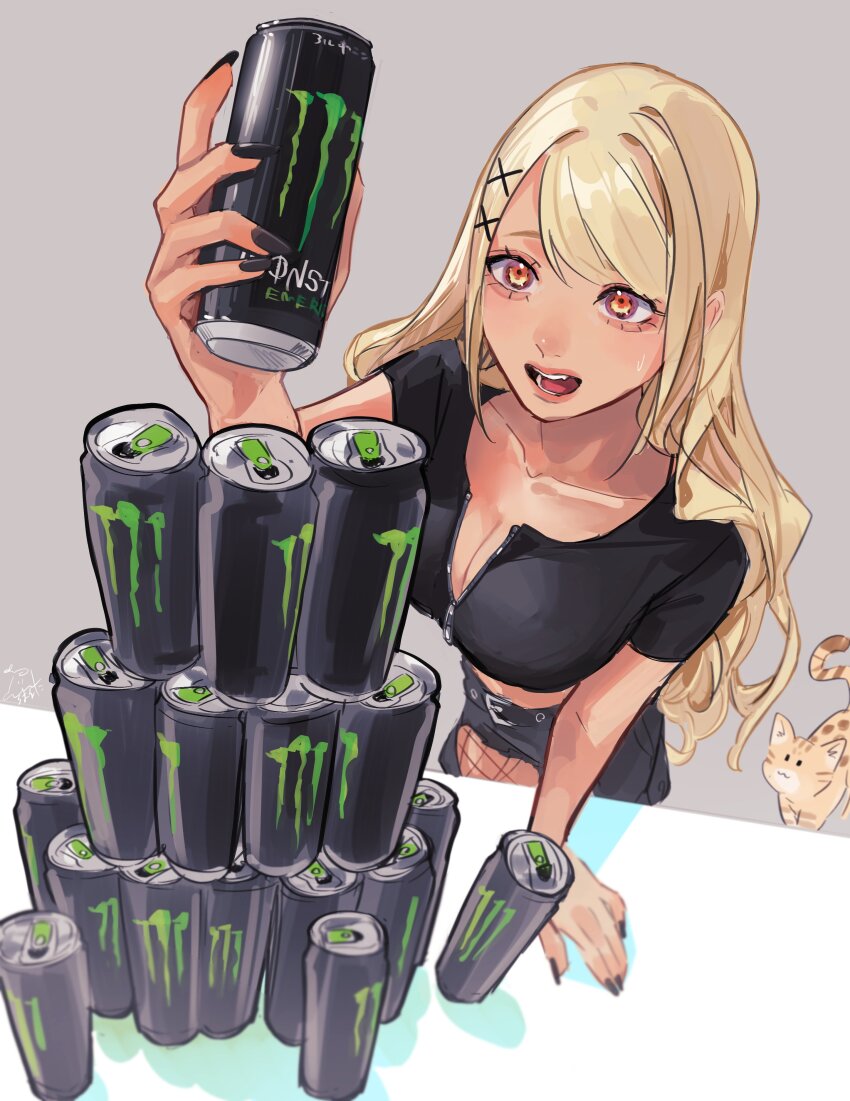 1girl absurdres arm_support black_nails black_pants black_shirt blonde_hair breasts can can_stack cat cleavage collarbone crop_top fishnets foreshortening from_above grey_background gyaru highres holding holding_can kaminari_qpi kaminari_qpi_(2nd_costume) long_hair monster_energy open_mouth orange_eyes pants shirt short_sleeves solo stacking sweatdrop table torn_clothes torn_pants virtual_youtuber vspo! zipper_top zoramaruta
