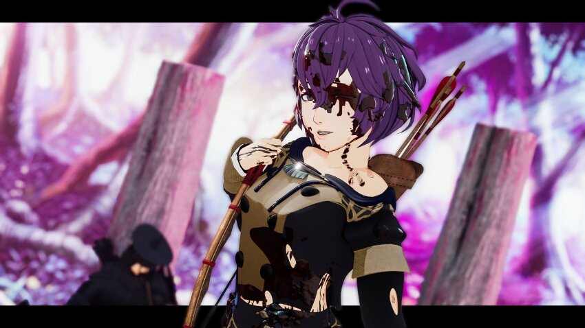 1girl 3d amateurthrowaway bernadetta_von_varley blood blood_on_clothes blood_on_face bow fire_emblem fire_emblem:_three_houses highres looking_at_viewer nintendo one_eye_closed purple_hair short_hair solo